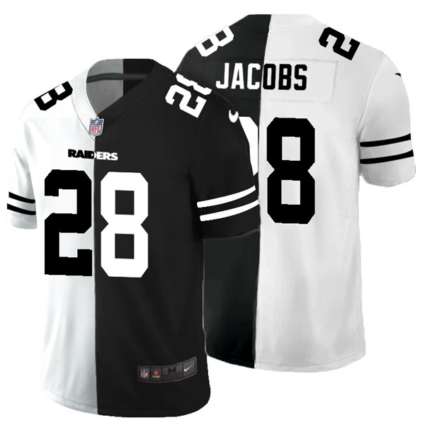 Men's Las Vegas Raiders #28 Josh Jacobs Black & White NFL Split Vapor Split Limited Stitched Jersey Men's Las Vegas Raiders #28 Josh Jacobs Black & White NFL Split Vapor Split Limited Stitched Jersey